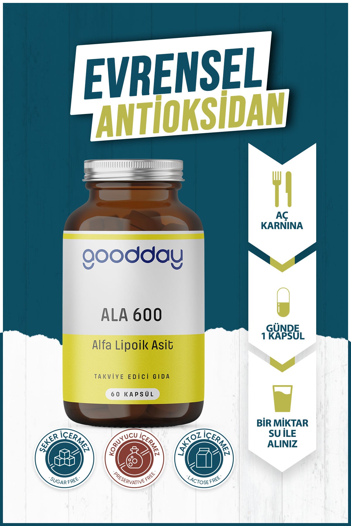 GOODDAY ALFA LİPOİK ASİT (ALA600)  60 KAPSÜL TAKVİYE EDİCİ GIDA